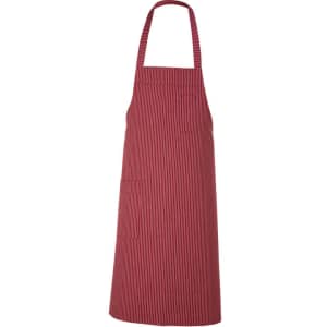 A red and white striped apron with a neck tie and a pocket at the front. It features a branding logo.
