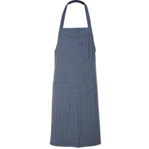 A navy and white striped apron with a pocket and adjustable neck strap. It features a logo on the side.