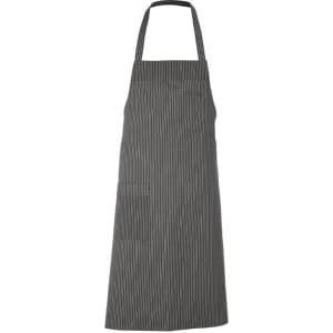 A black and grey stripy apron with a neck strap and a front pocket. It features a logo branding on the design.