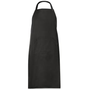A black apron with an adjustable neck strap and a front pocket, featuring a logo on it.