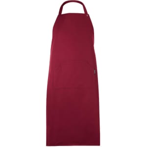 A maroon apron featuring a front pocket and a neck strap. The product has a logo on it.