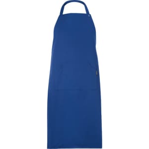 A blue apron with a pocket and a neck loop, featuring a small logo.