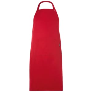 A red apron featuring a front pocket and a loop at the neck, with a logo on the side.