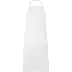 A white apron featuring a front pocket and a neck strap, with branding on it.