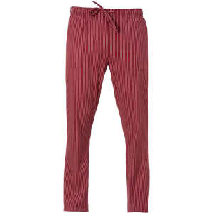 A pair of red striped pants with a drawstring waist and pockets. The design features vertical stripes.