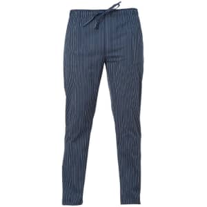 A pair of navy blue striped pants with an elastic waistband and drawstring. Features two side pockets.