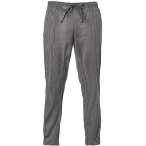Striped grey pants with an elastic waistband and drawstring, featuring side pockets and a casual design.