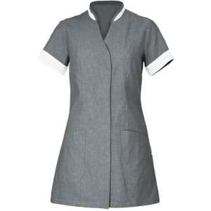 A grey tunic with short white sleeves and a modern, fitted design, featuring two front pockets and a branding logo.