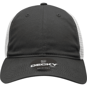 A black and white trucker cap featuring a mesh back and a logo on the front.