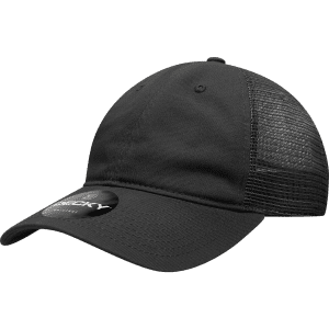 A black 6-panel low profile cotton trucker hat with a mesh back and a logo.
