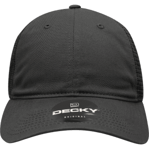 A black low-profile trucker cap featuring a mesh back and a logo on the front.