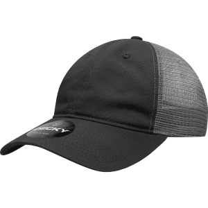 A black and grey 6-panel low profile relaxed trucker hat with a mesh back and a logo on the front.