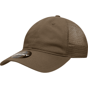 A brown low-profile trucker cap with a mesh back and a round logo on the front.