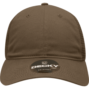 A brown 6-panel low profile relaxed trucker cap with a mesh back and a branded tag.