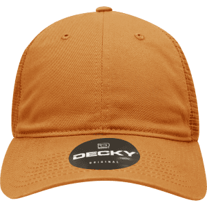 A relaxed low-profile trucker cap in a warm orange hue, featuring a logo on the front.