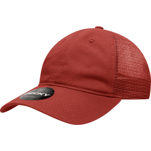A relaxed trucker cap in rust red with a mesh back and a tag.
