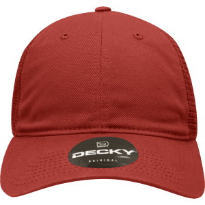 A red 6 panel low profile relaxed trucker cap with a mesh back and a logo on the front.