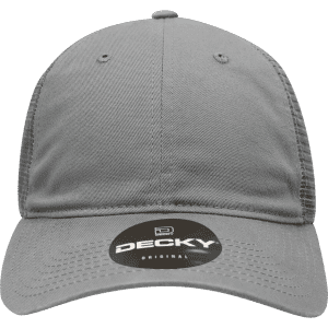 A grey 6 panel low profile relaxed trucker cap with a mesh back and a logo on the front.