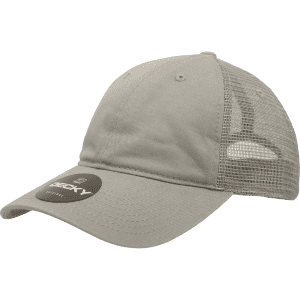 A grey low profile relaxed trucker cap with a mesh back and a logo on the front.