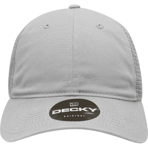 A grey 6 Panel Low Profile Relaxed Trucker hat with mesh sides and a logo on the front.