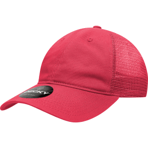 A red 6 panel low profile relaxed trucker cap with a mesh back and a circular logo on the front.