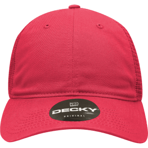 A red 6 Panel Low Profile Relaxed Trucker cap with a logo on the front and mesh sides.