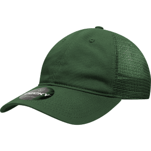 A green, six-panel low profile relaxed trucker cap featuring mesh sides and a branded logo.