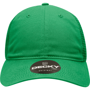 A green 6 panel low profile relaxed trucker cap with a logo on the front.
