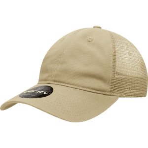 A beige six-panel low profile relaxed trucker cap with a mesh back and a logo on the front.