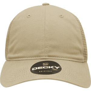 A beige 6 panel low profile relaxed trucker cap with an adjustable back and a logo on the front.