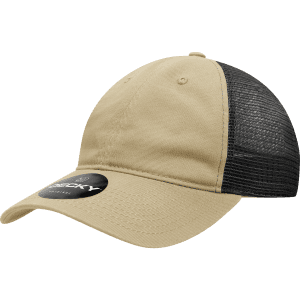 A khaki and black trucker cap with a curved peak and a mesh back, featuring a logo.