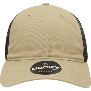 A low-profile relaxed trucker cap in khaki with a black mesh back and a logo.