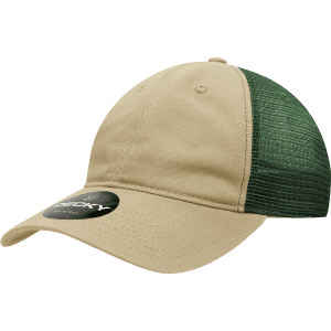A low-profile trucker cap featuring a beige front and a green mesh back, complete with a logo.