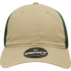 A khaki and green 6-panel low profile relaxed trucker cap with a branded label on the front.