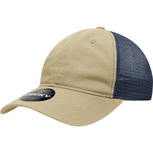 A low-profile, relaxed trucker cap featuring a tan cotton front and navy mesh back, with an attached logo.
