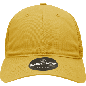 A yellow 6 Panel Low Profile Relaxed Trucker cap featuring a branded logo on the front.