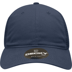A navy blue 6-panel low profile relaxed trucker cap with a logo.