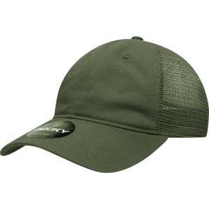 A relaxed low profile trucker cap in olive green with a mesh back and a logo.
