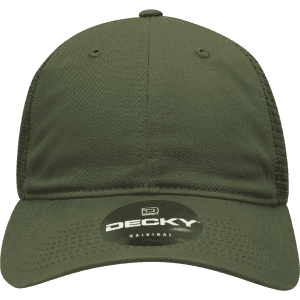 A green, low-profile trucker cap with mesh back and a logo on the front.