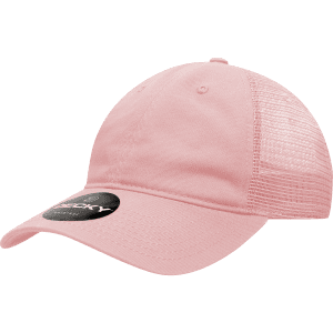 A pink 6-panel low profile relaxed trucker cap with a mesh back and a logo.