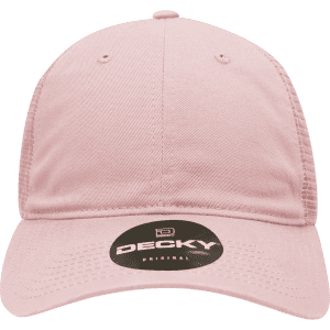 A pink low profile relaxed trucker cap featuring a logo on the front and ventilation holes on the side.