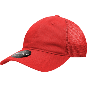 A red six-panel low profile relaxed trucker cap with a mesh back and a logo on the front.