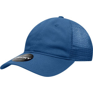 A blue 6 panel low profile relaxed trucker cap with a mesh back and a logo.