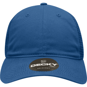 A blue low-profile relaxed trucker cap with a branded logo on the front.