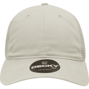 A beige 6 Panel Low Profile Relaxed Trucker hat with a logo on the front.