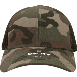 A camouflage trucker cap featuring a low profile, six panels, and a mesh back, complete with a logo.
