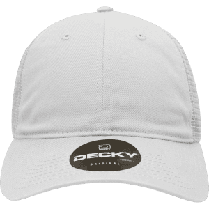 A white 6 panel low profile relaxed trucker cap with a logo on the front.