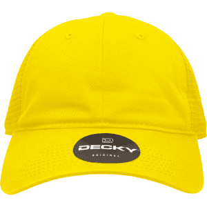 A bright yellow 6-panel low profile relaxed trucker cap with a mesh back and a branded tag.