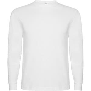 A white long-sleeved t-shirt with a round neck and a logo on the front.