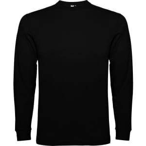 A black long-sleeved T-shirt featuring a simple design and a logo on the label.